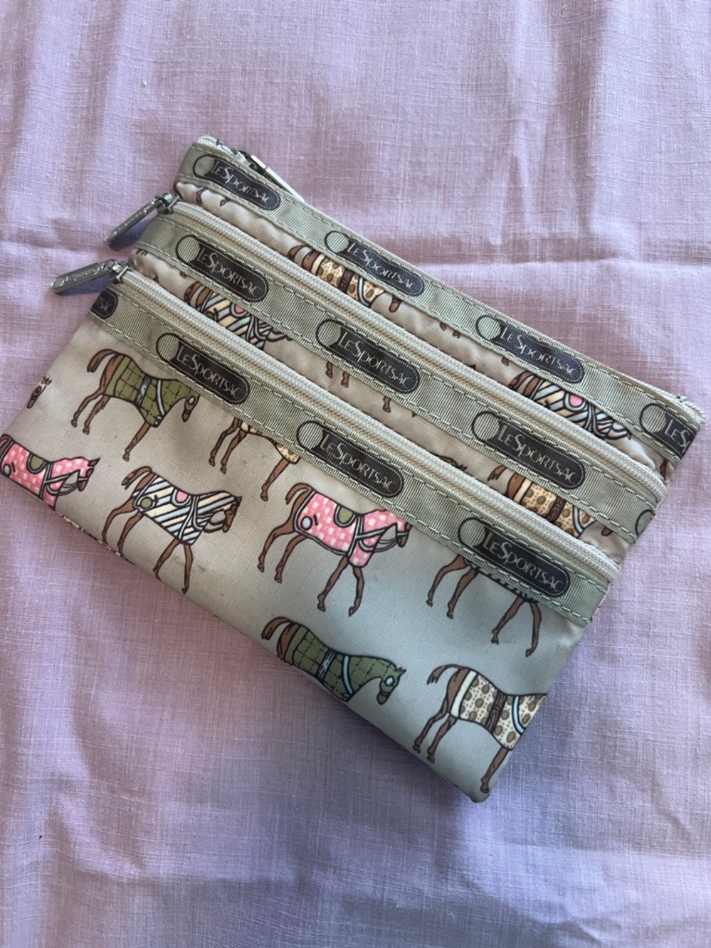 LeSportsac Beige Multi Horse Print Key & Card Holder